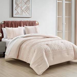 lot 111446 image: Chezmoi Collection Athena Full Bed in a Bag 7-Pieces Floral Chenille Embroidered Pom Pom Stripe Comforter Set with Sheets All Season Bedding Set, Full, Blush Pink