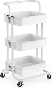 lot 111448 image: Pipishell 3 Tier Mesh Utility Cart, Rolling Metal Organization Cart with Handle and Lockable Wheels, Multifunctional Storage Shelves for Kitchen Living Room Office White