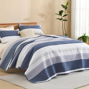 lot 111455 image: Litanika Quilt Queen Size Mineral Blue, Stripe Patchwork Summer Bedspread Coverlet 3 Pieces, Soft Lightweight Microfiber Quilted Bedding Set for All Season(1 Quilt, 2 Pillowcases)