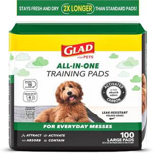 lot 111456 image: Glad for Pets Black Charcoal Puppy Pads, 23x23 Disposable Training Pads That Absorb Urine & Neutralize Odor with Activated Carbon - 100 Count