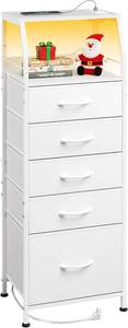 lot 111459 image: WLIVE LED Nightstand with Charging Station, White Dresser with 5 Fabric Drawers for Bedroom, Tall Night Stand with Open Shelves, Bed Side Tables Living Room