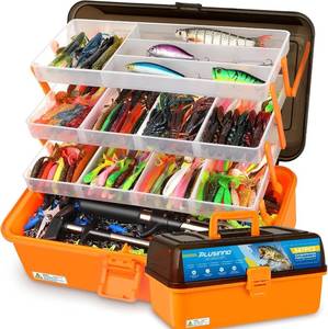 lot 211256 image: PLUSINNO Large 4-Layer Tackle Box with Tackle Included, Fishing Lures Kit - Pliers, Crankbait, Hooks, Weights & Accessories - Freshwater Bass Fishing Bait Lure Gear and Equipment, Gift for Men