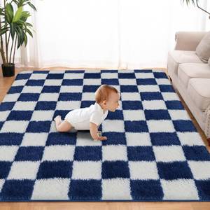 lot 211273 image: Super Soft Rug for Bedroom, 5x7 ft Blue and White Area Rug Classic Checkered Shaggy Anti-Skid High Pile Soft Fluffy Rug Fuzzy Carpet for Living Room Bedroom Kids Room Nursery, Dorm