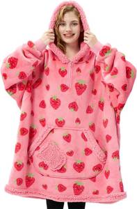 lot 211282 image: Giggling Getup Wearable Blanket Hoodie for Adults Gifts for Teen Girls Sister Women Sherpa Fleece Printed Hooded Blanket Sweatshirt Warm Cozy with Pocket & Sleeves Strawberry