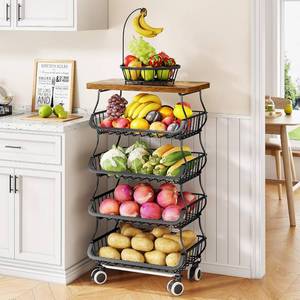 lot 311185 image: SAYZH Fruit Basket Kitchen Pantry Organizers and Storage - Wooden Top Table, Stackable Metal Wire Basket Stand Cart for Fruit Vegetable Snacks Onion Potato Organization, Black