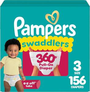 lot 311188 image: Pampers Diapers - Swaddlers 360 - Size 3, 156 Count, up to 100% Leakproof Comfy Dry Fit, Designed for Easy Changes, Pull On Baby Diaper (Packaging May Vary)