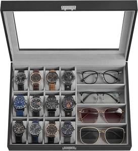 lot 311203 image: SONGMICS 16-Slot Watch Box, Lockable Storage Case With Glass Lid, Valentines Day Gifts, Ink Black Synthetic Leather, Dove Gray Lining UJWB112G01