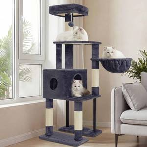 lot 311208 image: Heybly Cat Tree, 49.2 Inches Cat Tower for Indoor Cats, Spacious Cat House Condo with Hidden Space Sturdy Steel Tube Soft Plush Top Perch Cozy Hammock and Sisal Scratching Posts, Smoky Gray HCT200SG
