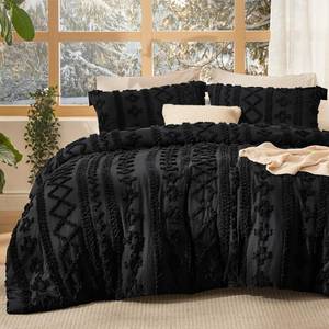 lot 411144 image: Bedsure Tufted Boho Comforter Set Queen Size - Black Boho Bed Set, GentleSoft 3 Pieces Farmhouse Shabby Chic Embroidery Bedding, Gifts for Woman, Soft Jacquard Queen Comforter for All Seasons