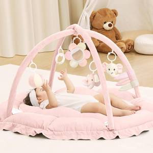 lot 411148 image: ANGELBLISS 5 in 1 Baby Play Gym Mat, Reversible Tummy Time Mat with 5 Sensory Toys for Stage-Based Developmental, Thick & Large Baby Activity Center from Newborn to Toddler (Pink)