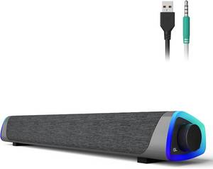 lot 411151 image: SOULION R30 Computer Speakers, USB Powered PC Speaker, Colorful LED Lights with Switch Button, 3.5mm Aux Surround Soundbar for Desktop Laptop Monitor Office Work Music Gray