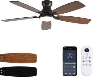 lot 411157 image: Ceiling Fans with Lights, 52 Inch Low Profile Ceiling Fan with Light and Remote Control, Flush Mount, DC Reversible Motor, Noiseless, Brown 6 Speeds Ceiling Fan for Bedroom