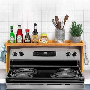 lot 411169 image: IIIOIIIA Bamboo Over The Stove Spice Shelf for Kitchen Storage, 31.5 Kitchen Spice Rack Organizer Stove Top Shelf with 6 Hooks, 11.4 Height Extra Storage Countertop, Easy to Assemble