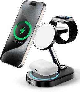 lot 411173 image: Charging Station for MagSafe Charger,Wireless Charging Station for iPhone MagSafe Charger,Intoval 3 in 1 Fast Magnetic Stand for iPhone 16151413 Apple Watch 10, Airpods. (Black)