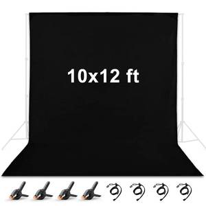 lot 20106 image: 10 x 12 ft Black Backdrop, Polyester Fabric Chromakey Black Backdrop Background for Photography, Video, Studio and Television with 4 Backdrop Clips and 4 Spring Clamps