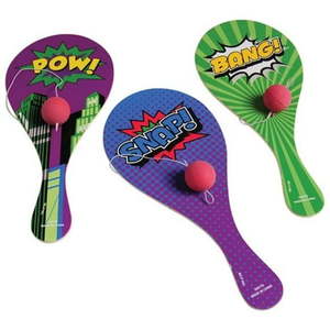 lot 20146 image: US Toy 4440 Superhero Paddle Balls - Pack of 12