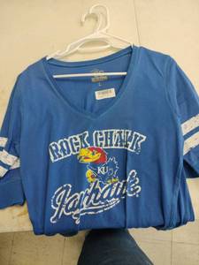 lot 20178 image: Kansas Jayhawks Glitter Gear Woman Blue Pep Rally 12 Sleeve V-Neck (L) (Set of 2)