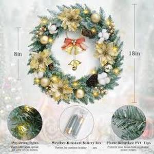 lot 2062 image: Veryhome Christmas Wreath with Lights, Christmas Reef for Front Door Window,18 Christmas Door Wreath with Pinecones Bells and Gold Poinsettias, Winter Wreath for Indoor Outdoor Christmas Decorations
