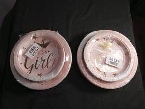 lot 1049 image: Pink and Gold Star Party Paper Plates Set Its A Girl
