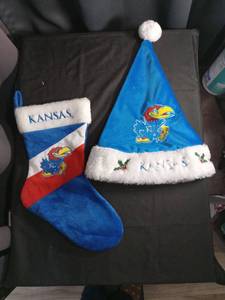 lot 1118 image: Kansas Jayhawks Christmas Stocking and Santa Hat Set