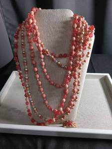 lot 12489 image: Multi-strand Pink Coral and Pearl Necklace with Decorative Clasp