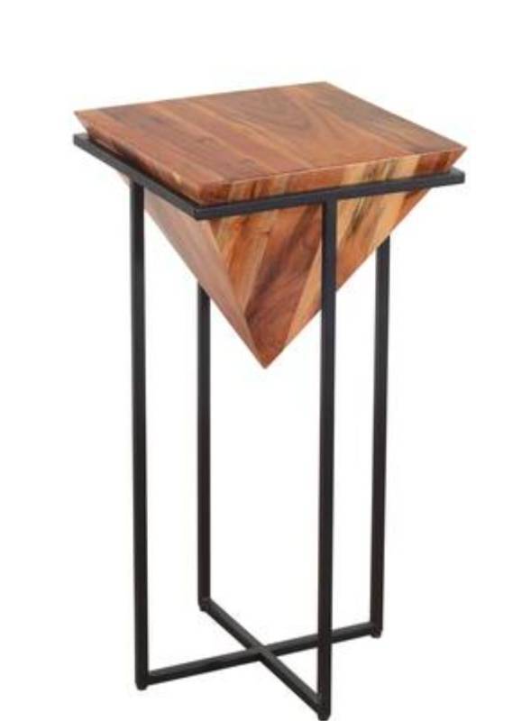 lot 10 image: Manhattan Lane - 30 Inch Pyramid Shape Acacia Wood Side Table With Cross Iron Base - Brown and Black - Retail $190&nbsp