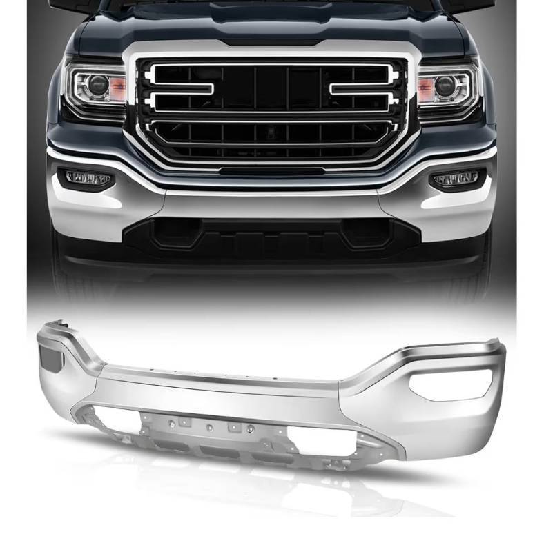 lot 19 image: Front Bumper Impact Face Bar Compatible with 2016 2017 2018 GMC Sierra 1500, No Park Assist, Polished Chrome Steel - Retail $260