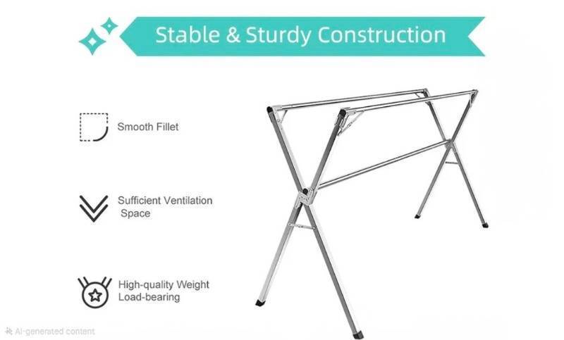 lot 27 image: Clothes Drying Rack, 79 inch Heavy Duty Stainless Steel Laundry Drying Rack, Foldable &amp Length Adjustable Space Saving Garment Rack, with Windproof Hooks.  - Retail $80