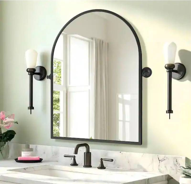 lot 30 image: Arch Frame Bathroom Mirror with Black Metal Frame - Retail $125