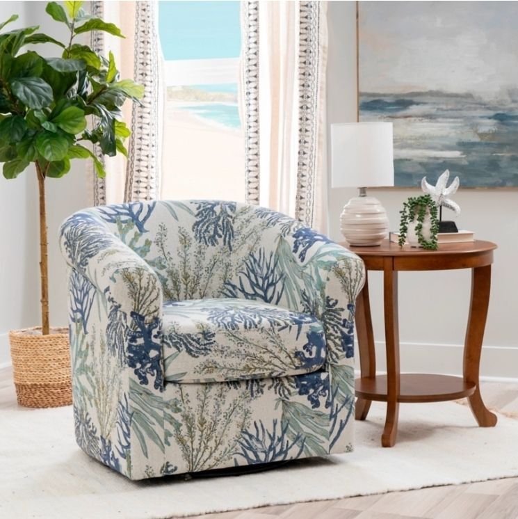 lot 32 image: Coastal Botanical Swivel Barrel Chair - Retail $399