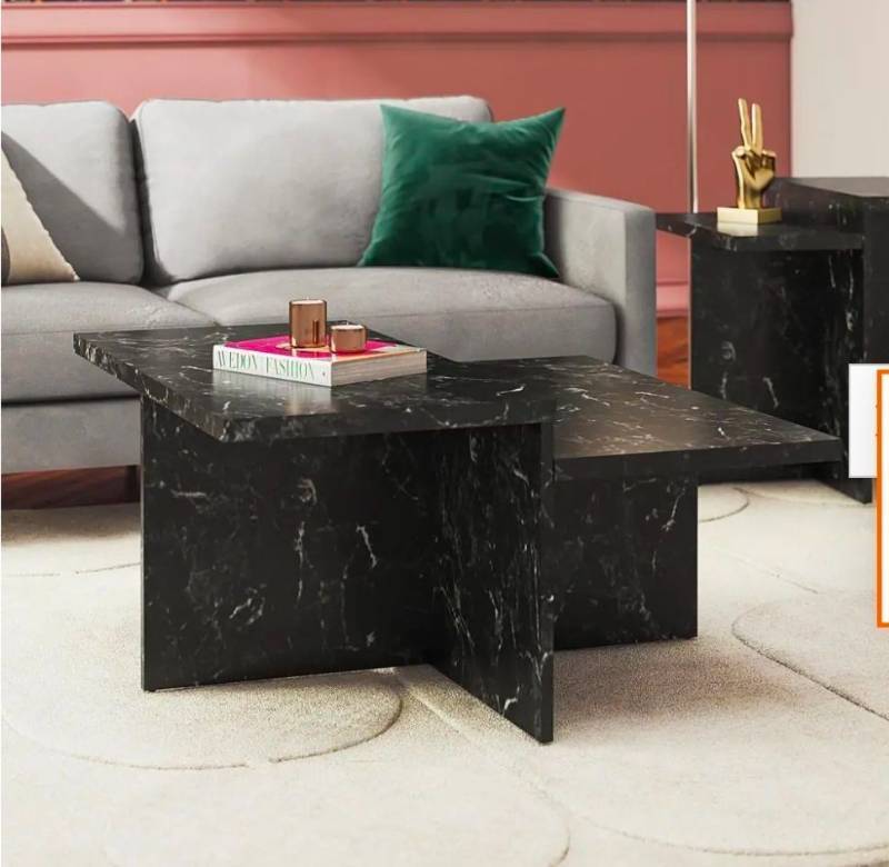 lot 33 image: Modern Black Marble Effect Two-Tier Coffee Table - Retail $249