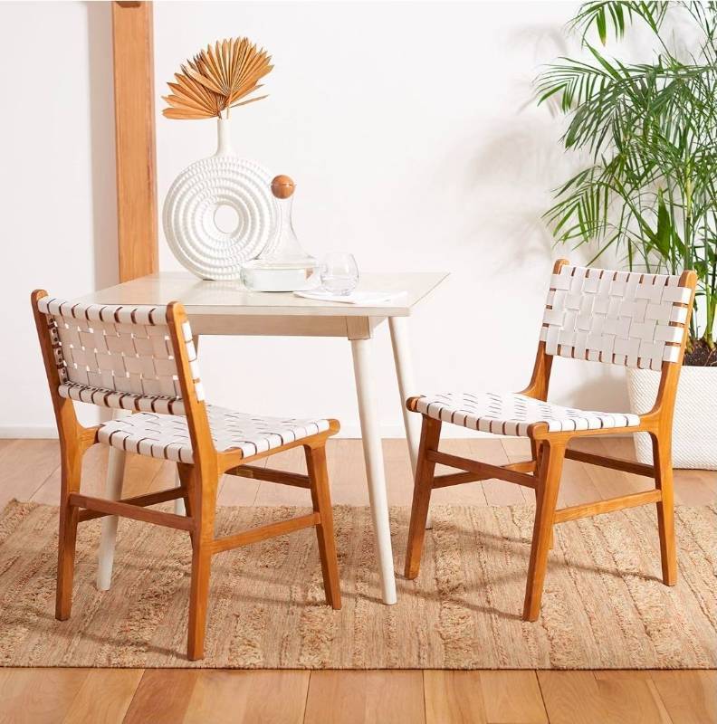lot 45 image: Safavieh Home Taika White and Natural Woven Leather Dining Chair, Set of 2 - Retail $410