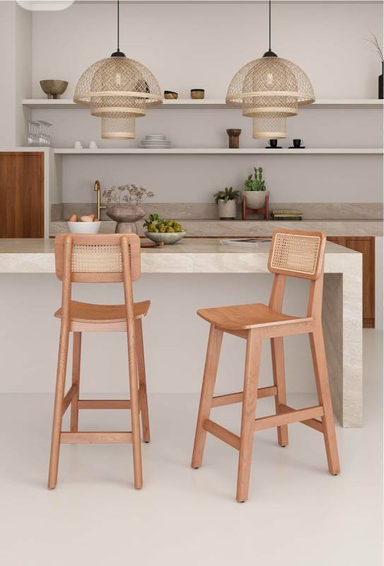 lot 46 image: Manhattan Comfort Versailles 26 Inch Solid Ash Wood Counter Height Bar Stools with Rattan Back, Modern Chic Cane Design Perfect for Bars or Kitchen Islands, Fully Assembled, Set of 1, Natural - Retail $289