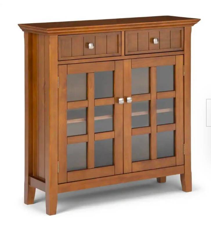 lot 54 image: Acadian Solid Wood 36 in. Wide Transitional Entryway Hallway Storage Cabinet in Light Golden Brown - Retail $299
