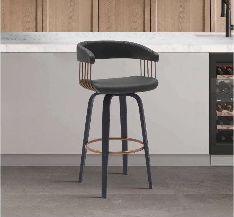 lot 59 image: Topanga 26 Swivel Black Wood Counter Stool in Black Faux Leather with Golden Bronze Metal - Retail $149