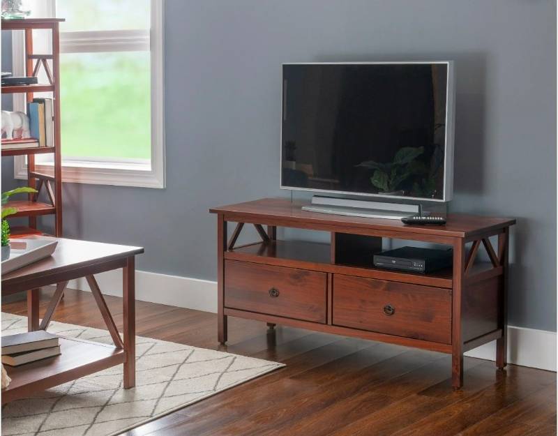 lot 71 image: Linon Titian Wood Media Stand with 2 Drawers and Open Storage in Tobacco Brown - Retail $230