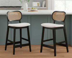 lot 87 image: Rattan Counter Height Bar Stools Set of 2 Upholstered Sherpa Barstools With Cane Back Boho Wood - Retail $130