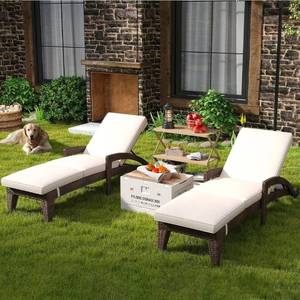 lot 91 image: Chaise Lounge Chairs Set of 2, Upholstered 5-Positions Adjustable Pool Loungers, 80 Long Wicker Outdoor Lounge Chairs, Patio Chaise Lounges with Wheels for SunbathingDeckYard, Khaki - Retail $315