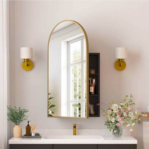 lot 97 image: Gold Brush Arched Mirror Medicine Cabinet Recessed or Surface Wall Mounted 16x31in  - Retail $129