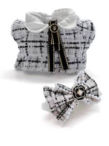 lot 1017 image: KAPAND for Lububu Clothesfor Lububu Outfits, Luxury Elegant Outfit Set, White Plaid Tweed Dress, Black Necktie, Plaid Bow Accessories (No Doll)