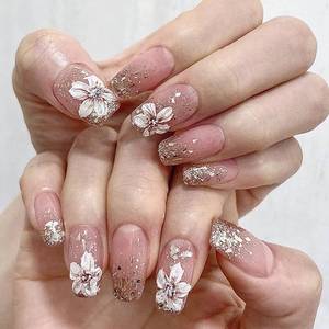 lot 1018 image: Press on Nails Medium Coffin Pink Fake Nails Acrylic False Nails With White Flower Designs Full Cover Stick on Nails Glossy Glue on Nails for Women