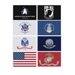 lot 1027 image: 3  5 FT Lot of 8 Branches Military Set Polyester Banner Space Force, Air Force, US Navy, Coast Guard, Marines, Army,Pow Mia,United States Flags (3  5 FT)