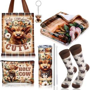 lot 1028 image: Tiangrid 6 Pcs Valentines Highland Cow Gifts for Women Include 20 oz Stainless Steel Tumbler with Lid and Straw Cosmetic Bag Throw Blanket Keychain Socks Handbag for Women Girls(Brown)