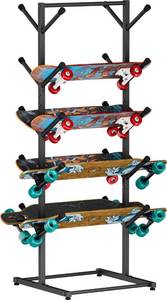 lot 1036 image: Tuohours Skateboard Racks Floor Stand Holder, Freestanding 5-Tier Skateboard Storage Organizer Hanger, Skateboards Display Rack for Deck, Longboard, Skateboard Rack for Garage, Black - Retail $40