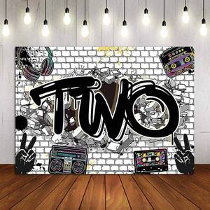 lot 1045 image: YQ 7x5ft Hip Hop Graffiti White Brick Wall Photography Backdrops Two Legit to Quit Birthday Party Decoration Photo Background Kids Boys or Girl 2nd Happy Birthday Party Supplies Studio Props Vinyl