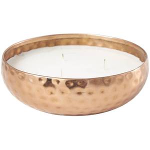 lot 2724 image: Deco 79 Metal Decorative Candle Tropical Breeze Scented Hammered 20 oz 3 Wick Aromatherapy Candle with White Wax, Wax Aromatherapy Candle 7 x 7 x 2, Copper - Retail $16