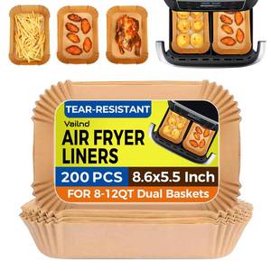 lot 2728 image: Air Fryer Liners Disposable for Dual Baskets, 200Pcs Rectangle Parchment Paper Liner for Ninja DZ201 DZ401, ChefmanCOSORI 2-Basket Air Fryer, Oil Proof Baking Paper by Vailnd(8.6x5.5 Inch) - Retail $14
