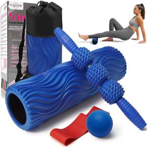 lot 2733 image: Krightlink 5-in-1 Foam Roller Set, Massage Roller Stick, Massage Ball, Resistance Band for Deep Muscle Massage, Trigger Point Release, Pilates, Yoga (Blue-Wave) - Retail $40