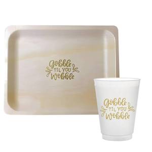 lot 2766 image: Perfect Stix Party Set includes 16oz Frost Flex Cups and 10 Wooden Plates with Gobble Till You Wobble Print - Pack of 50ct- (25ct each item) - Retail $48