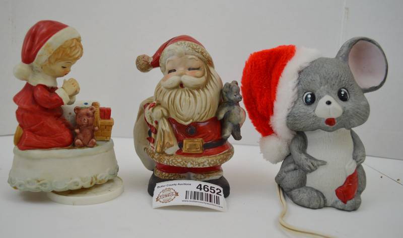 lot 4652 image: Christmas Decor Lot (1 Plays Jesus Loves Me, 1 Santa Piggy Bank, and Night Light Untested)